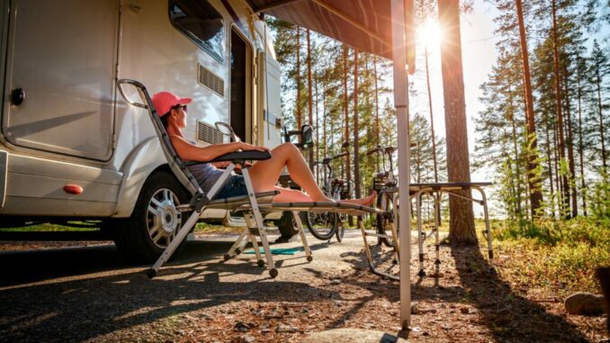 Family vacation travel RV, holiday trip in motorhome