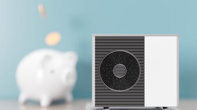 Air heat pump and piggy bank on blue background. Modern, environmentally friendly heating. Save your money with air source heat pump. Free, copy space for your text, advertising. 3d render.