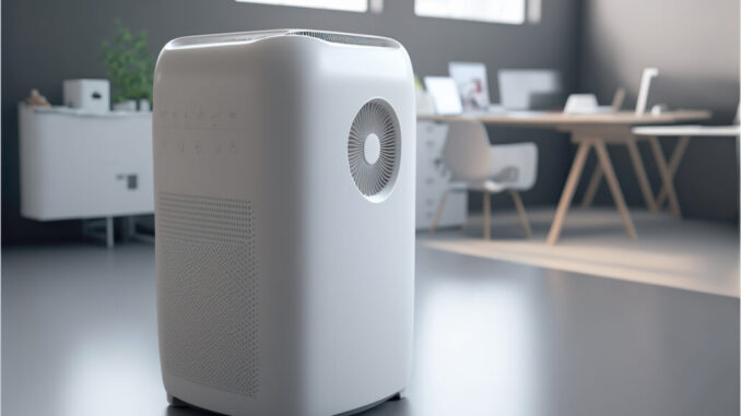 Air purifier in white workplace room with filter for cleaner removing . Generative Ai